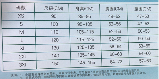 幼兒園服尺碼對(duì)照表-通榮制衣廠專用尺碼表
